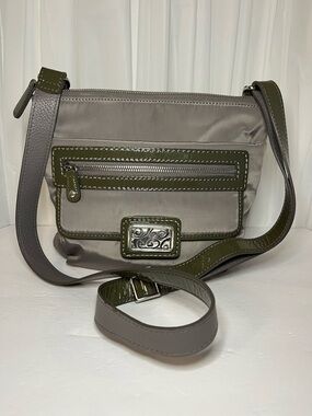 Brighton Gray and Olive Nylon Crossbody Bag with Silver Plaque